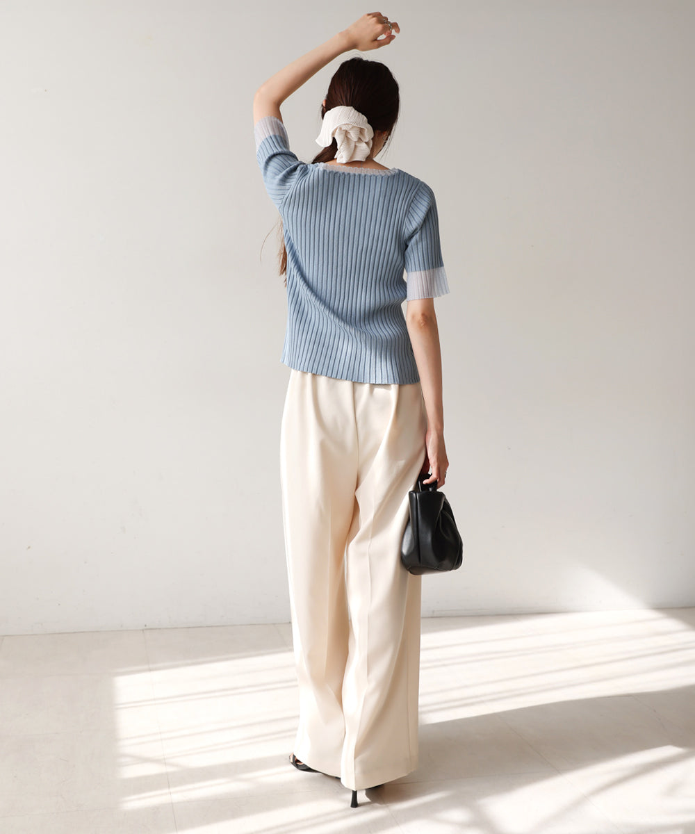 シアー使い5分袖リブニットトップス