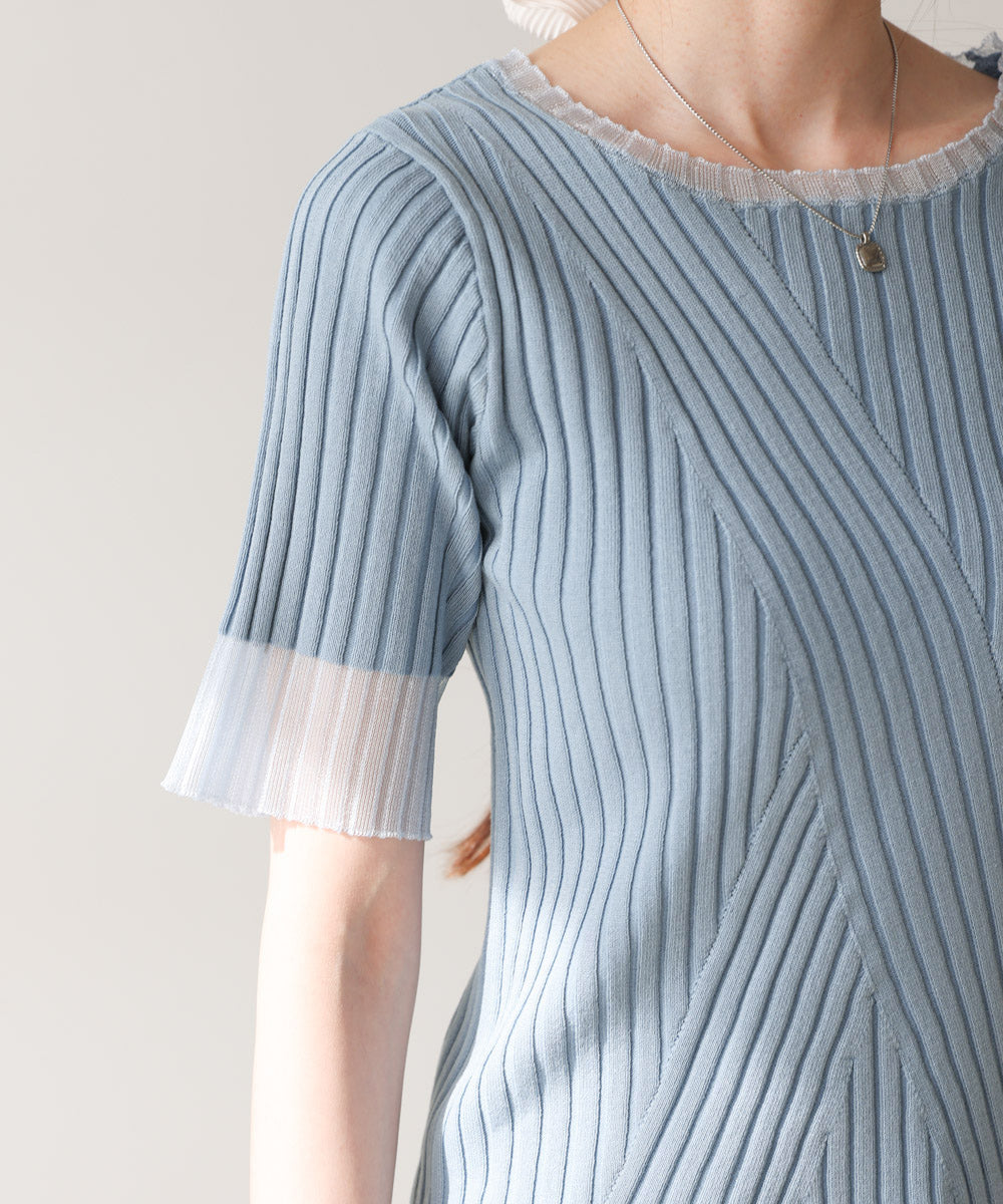 シアー使い5分袖リブニットトップス