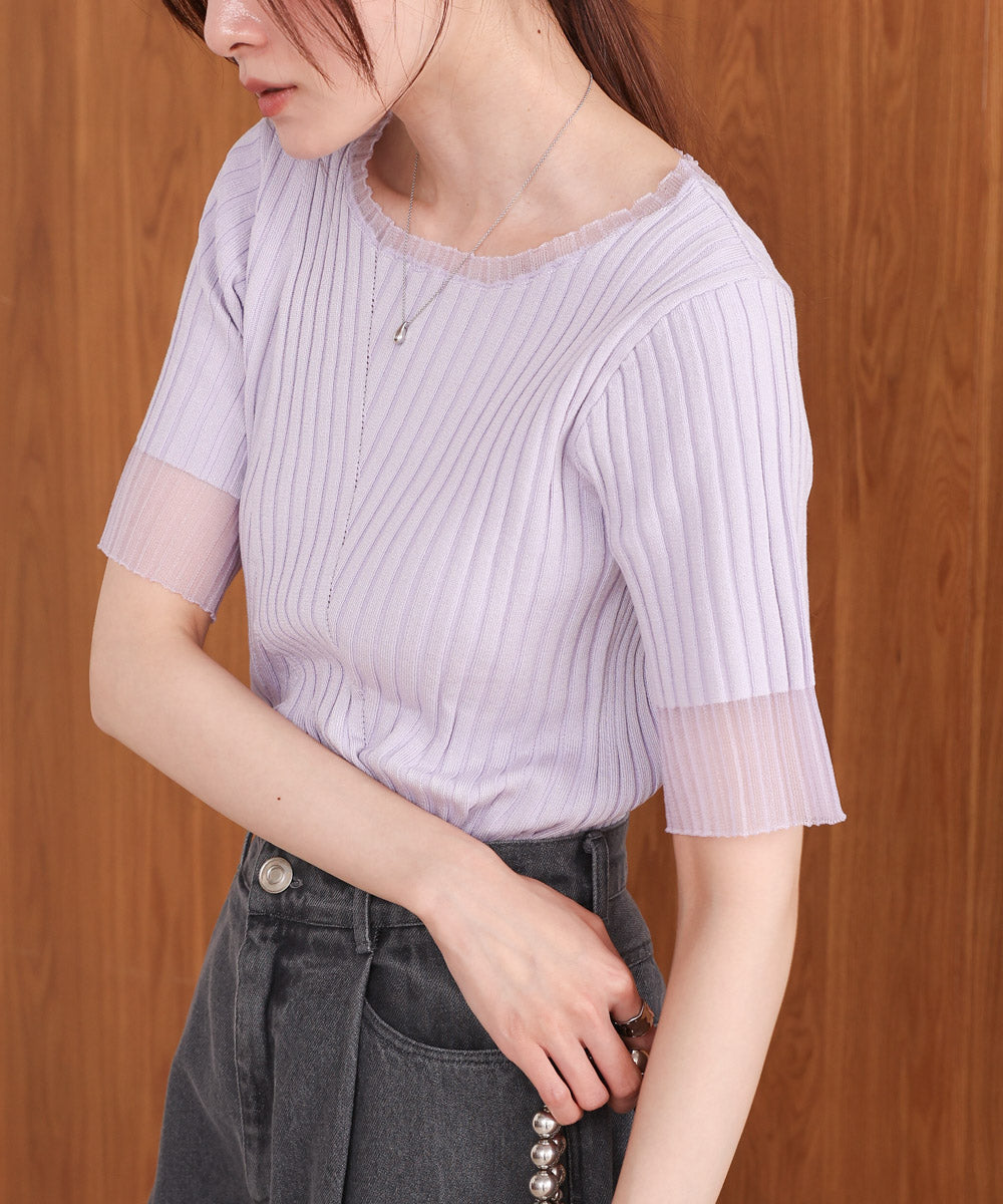 シアー使い5分袖リブニットトップス
