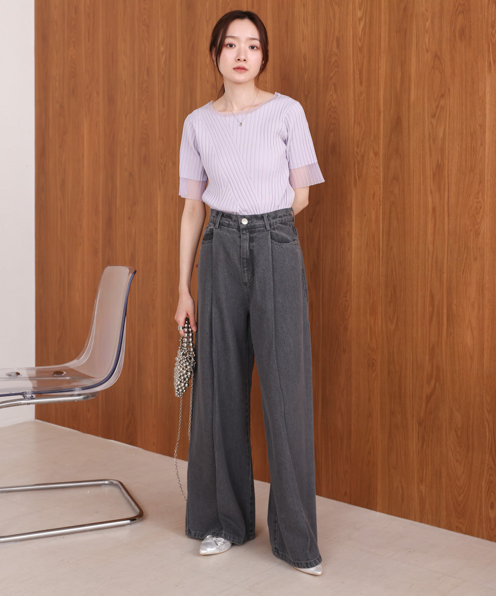 シアー使い5分袖リブニットトップス