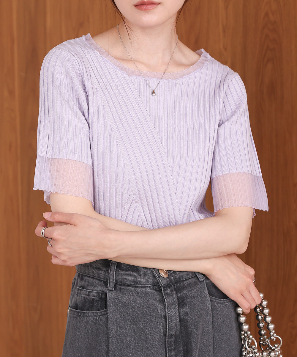 シアー使い5分袖リブニットトップス