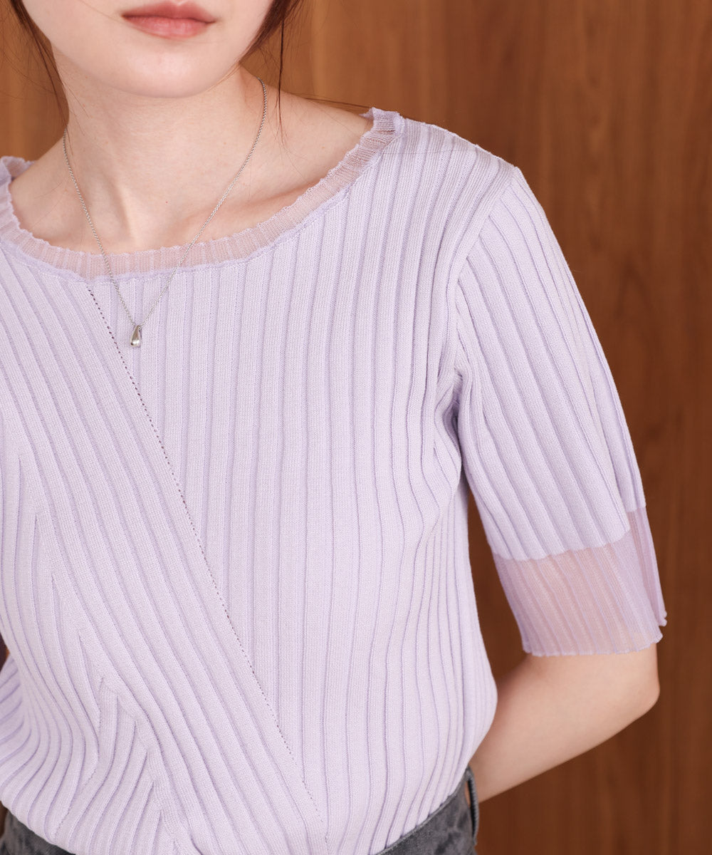 シアー使い5分袖リブニットトップス