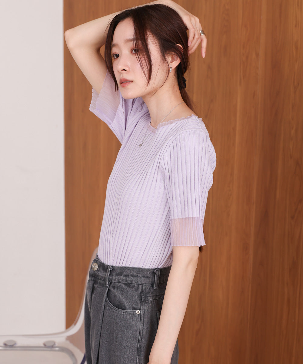 シアー使い5分袖リブニットトップス