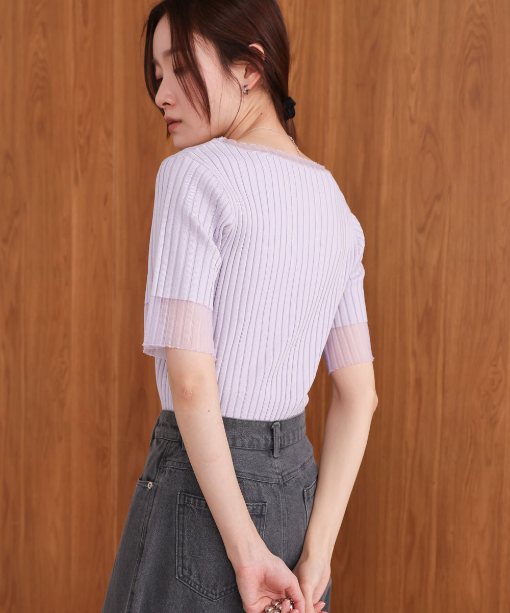 シアー使い5分袖リブニットトップス