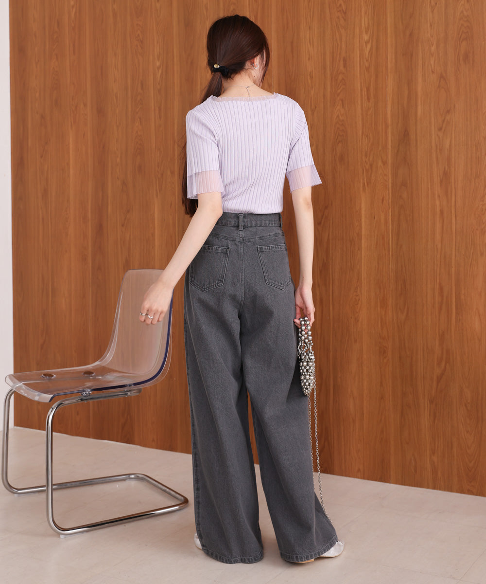 シアー使い5分袖リブニットトップス