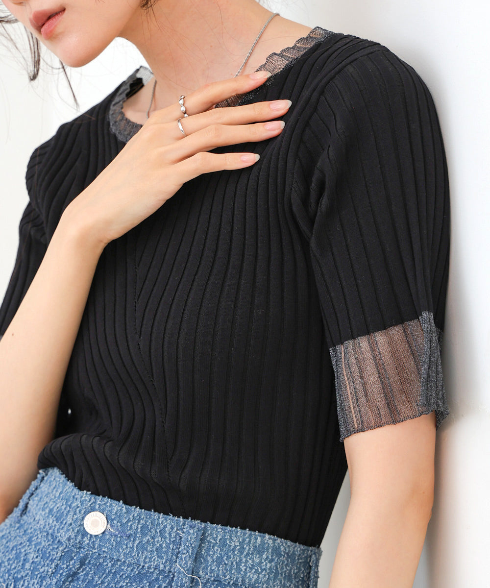 シアー使い5分袖リブニットトップス