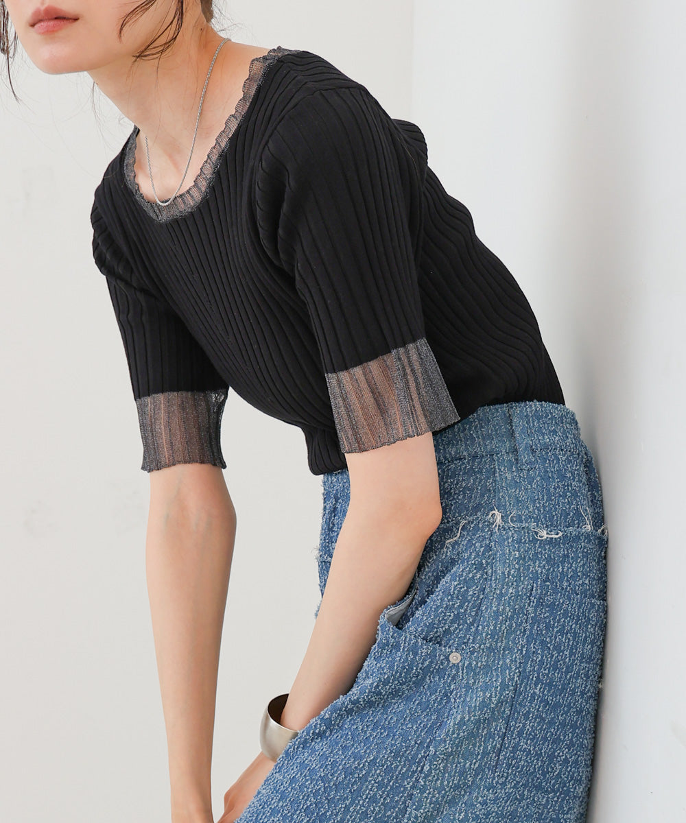 シアー使い5分袖リブニットトップス