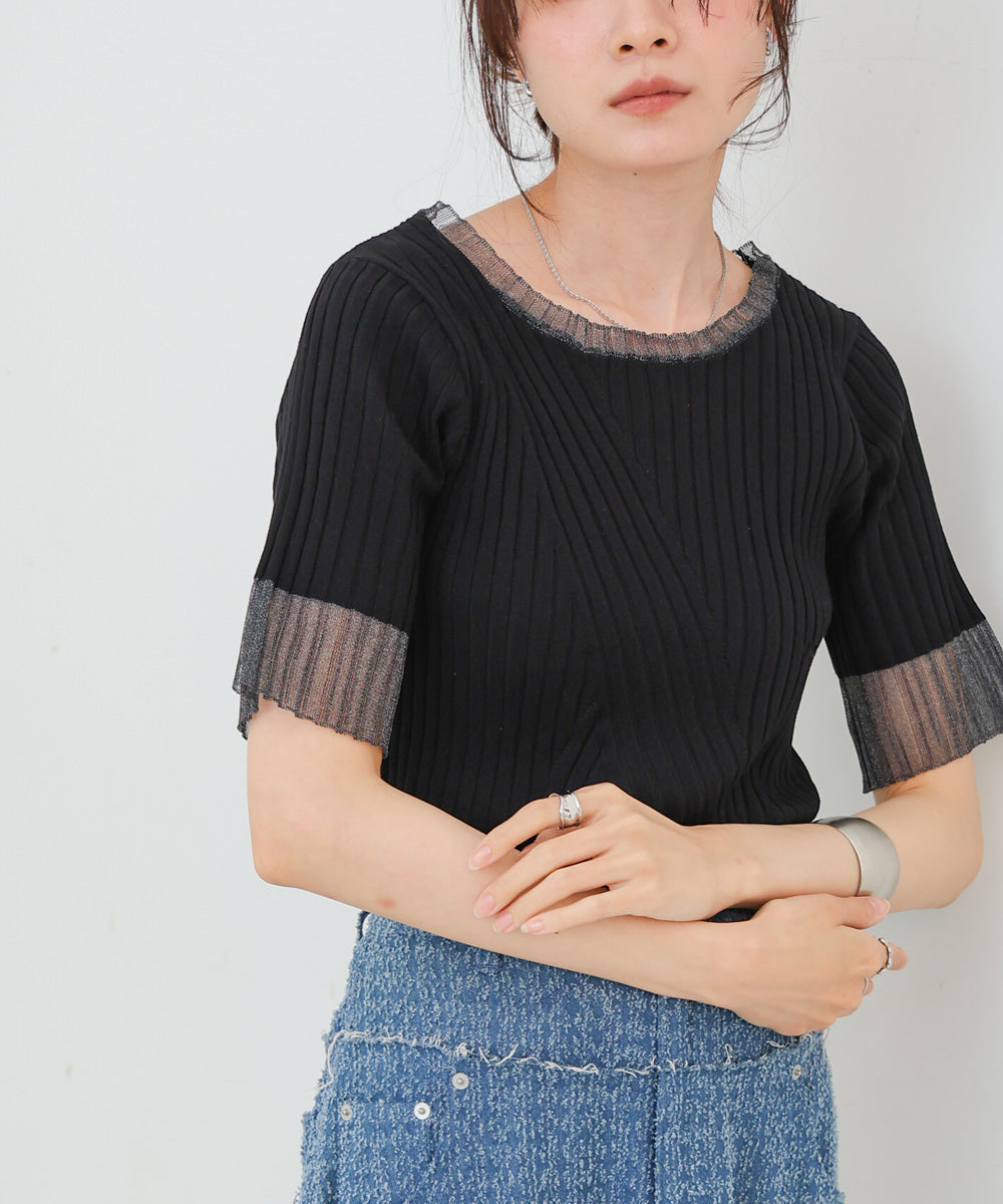 シアー使い5分袖リブニットトップス