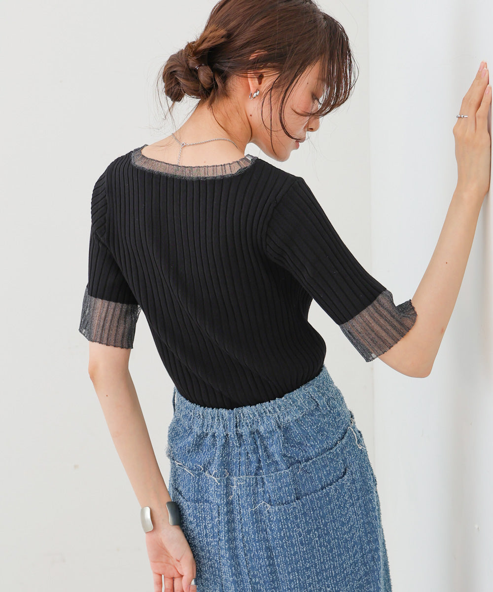 シアー使い5分袖リブニットトップス