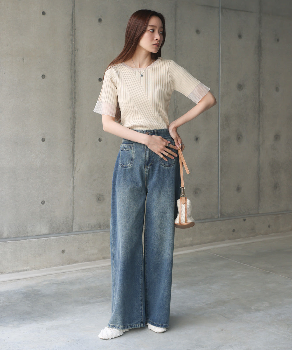 シアー使い5分袖リブニットトップス