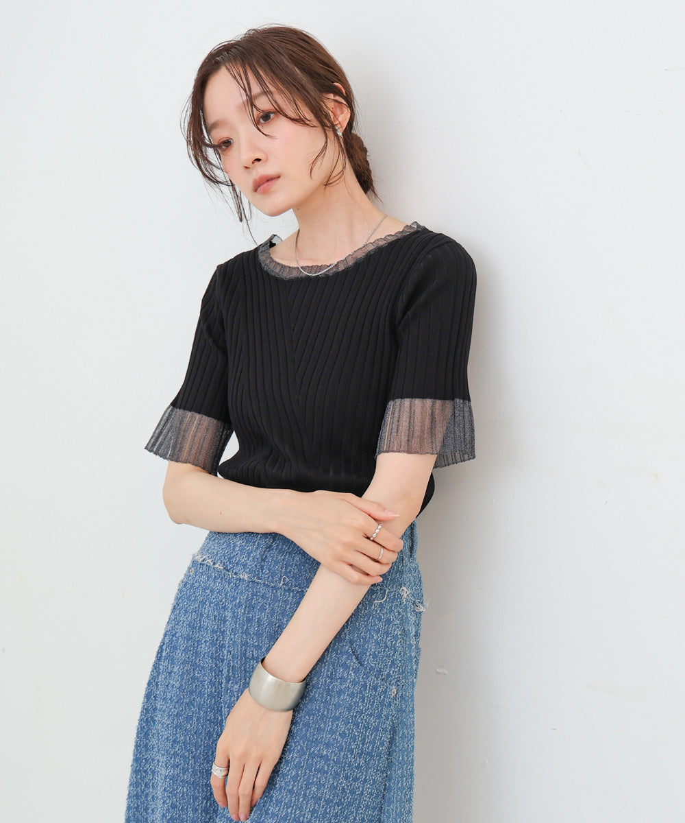シアー使い5分袖リブニットトップス