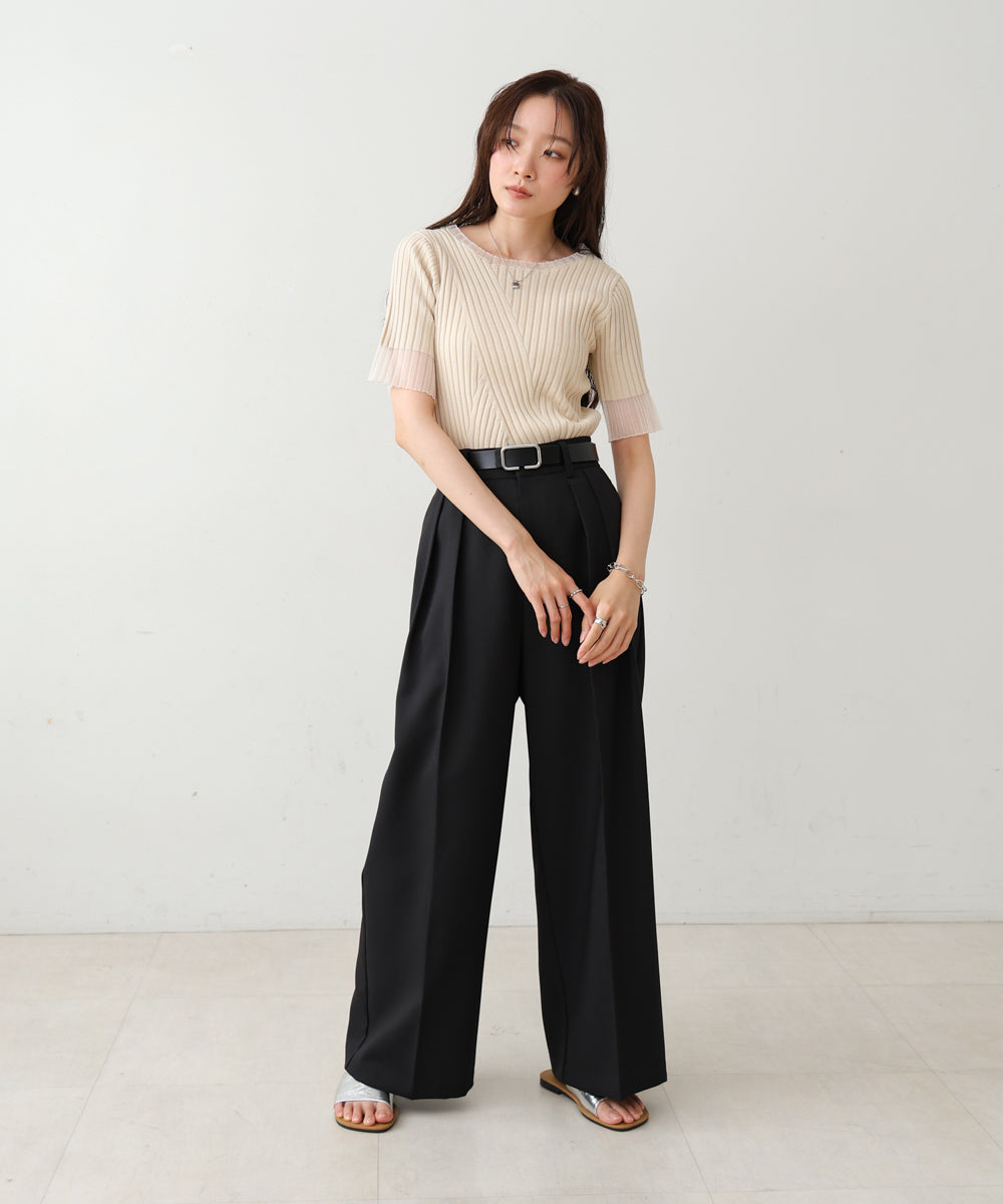 シアー使い5分袖リブニットトップス