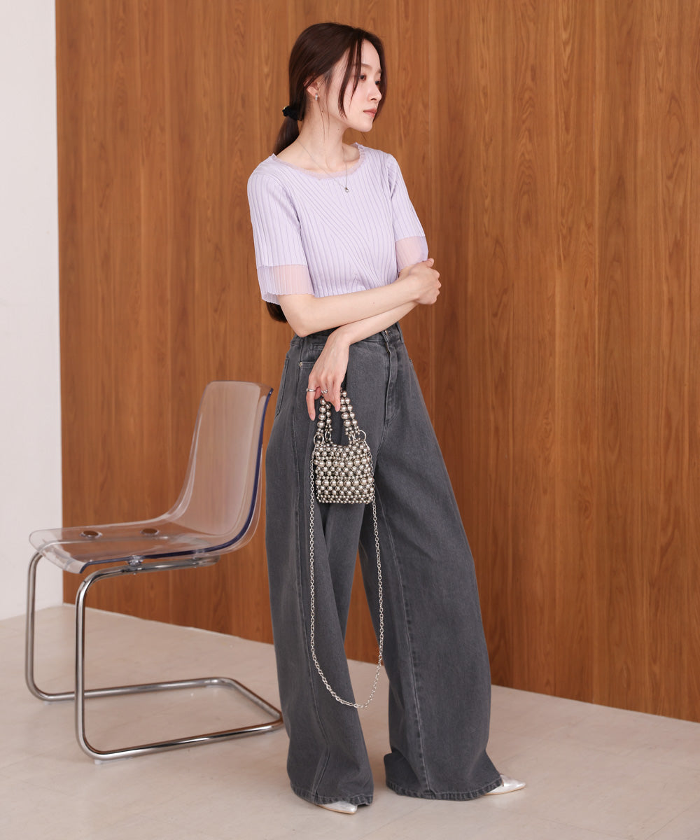 シアー使い5分袖リブニットトップス