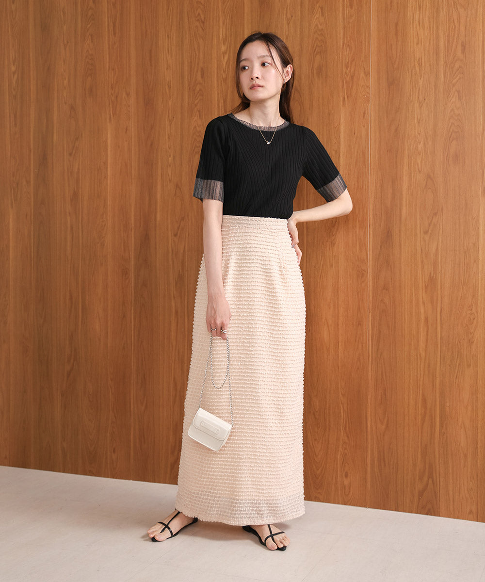 シアー使い5分袖リブニットトップス