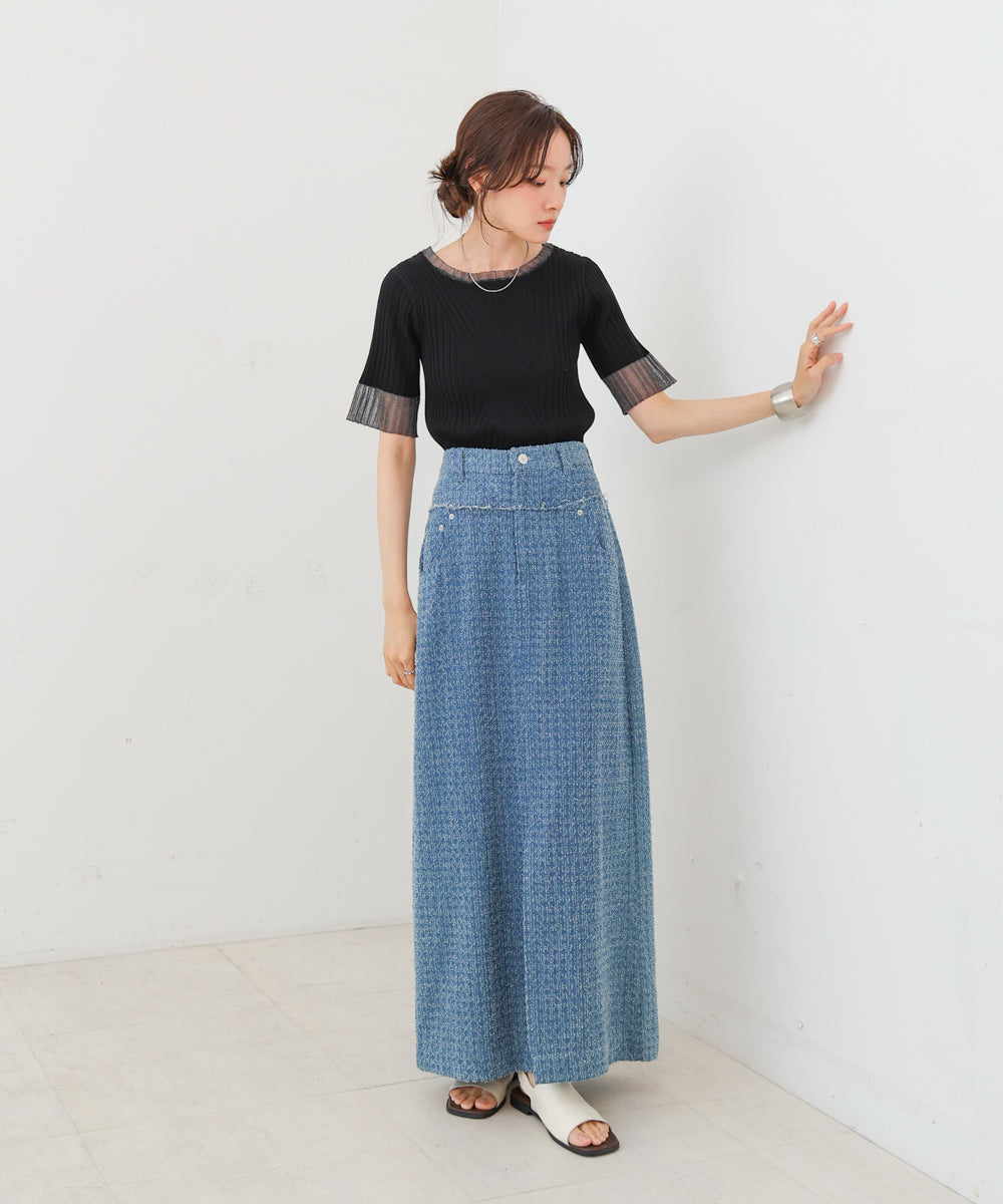 シアー使い5分袖リブニットトップス