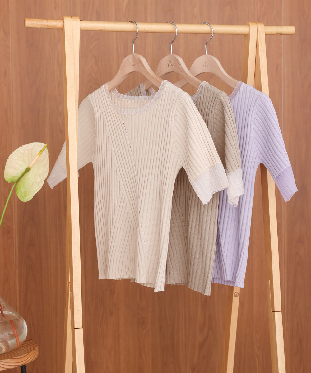 シアー使い5分袖リブニットトップス