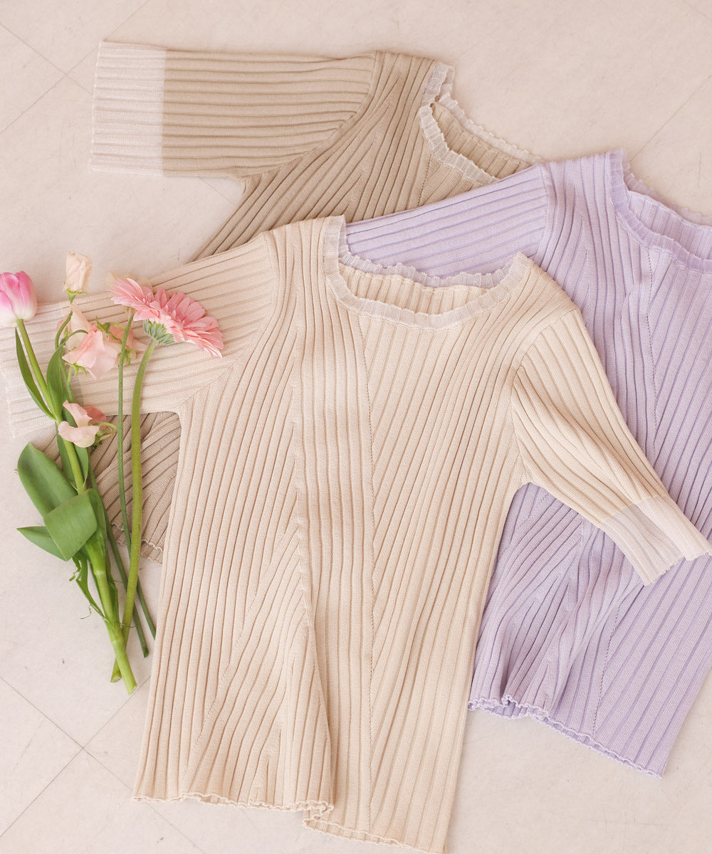 シアー使い5分袖リブニットトップス