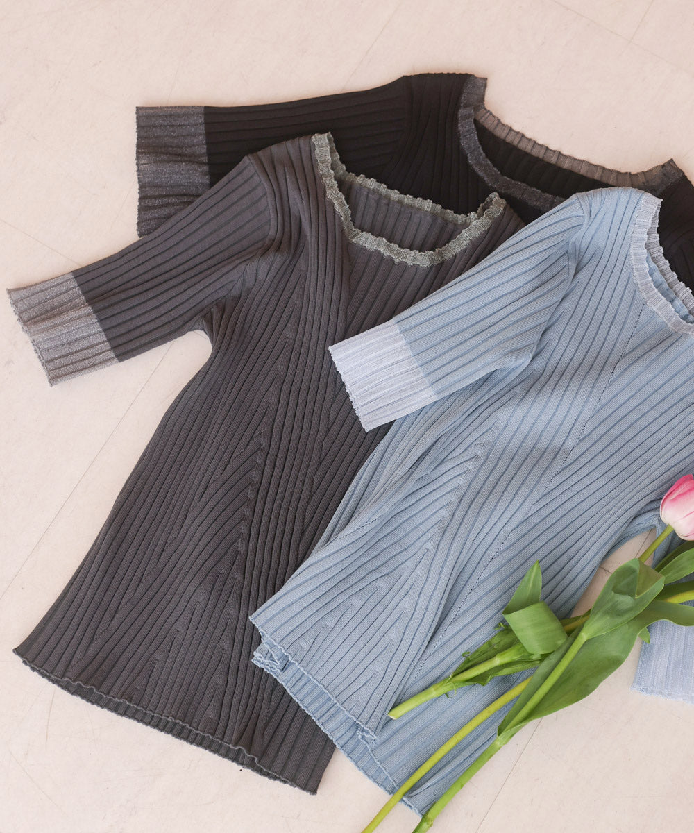 シアー使い5分袖リブニットトップス