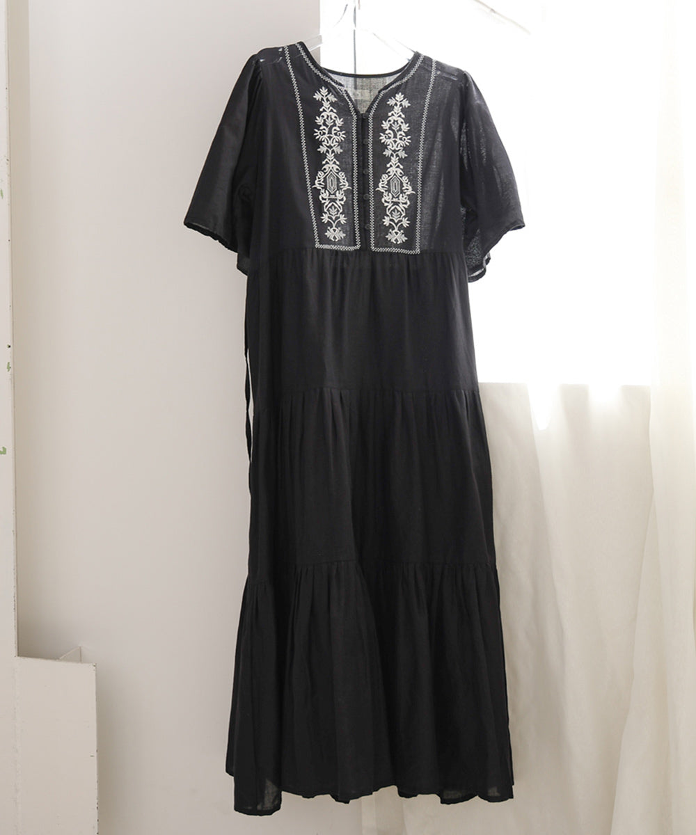 【S・Mサイズ展開】袖フレア-ティアード刺繍ワンピース