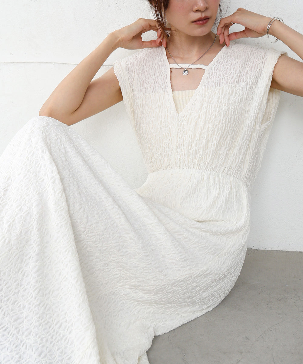 【選べる】【低身長向けサイズあり】前後2WAYウェーブ柄シュシュ付ワンピース・オールインワン