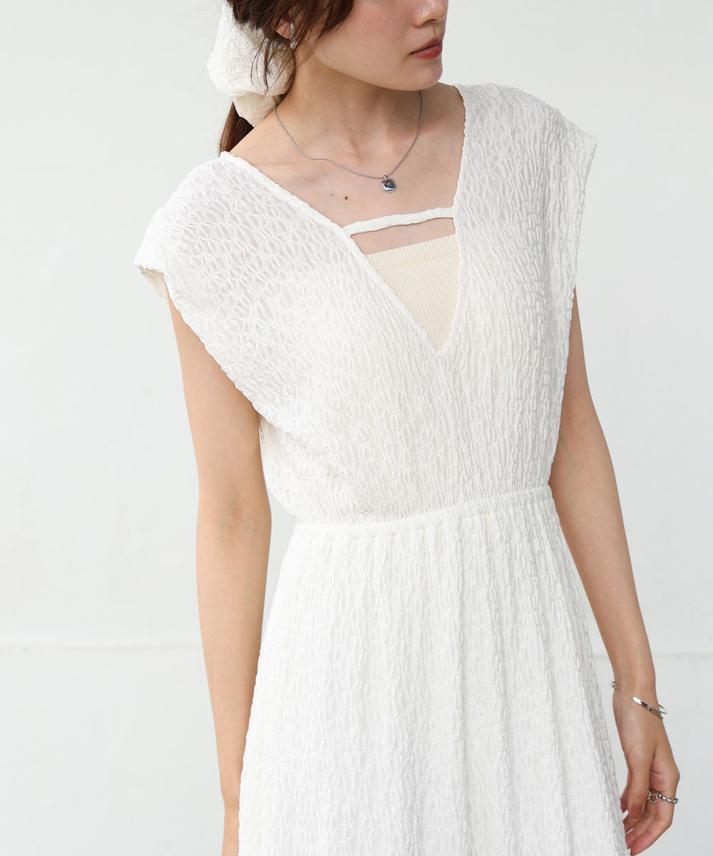 【選べる】【低身長向けサイズあり】前後2WAYウェーブ柄シュシュ付ワンピース・オールインワン