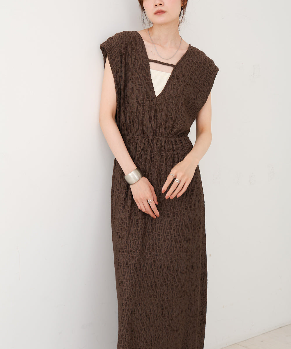 【選べる】【低身長向けサイズあり】前後2WAYウェーブ柄シュシュ付ワンピース・オールインワン