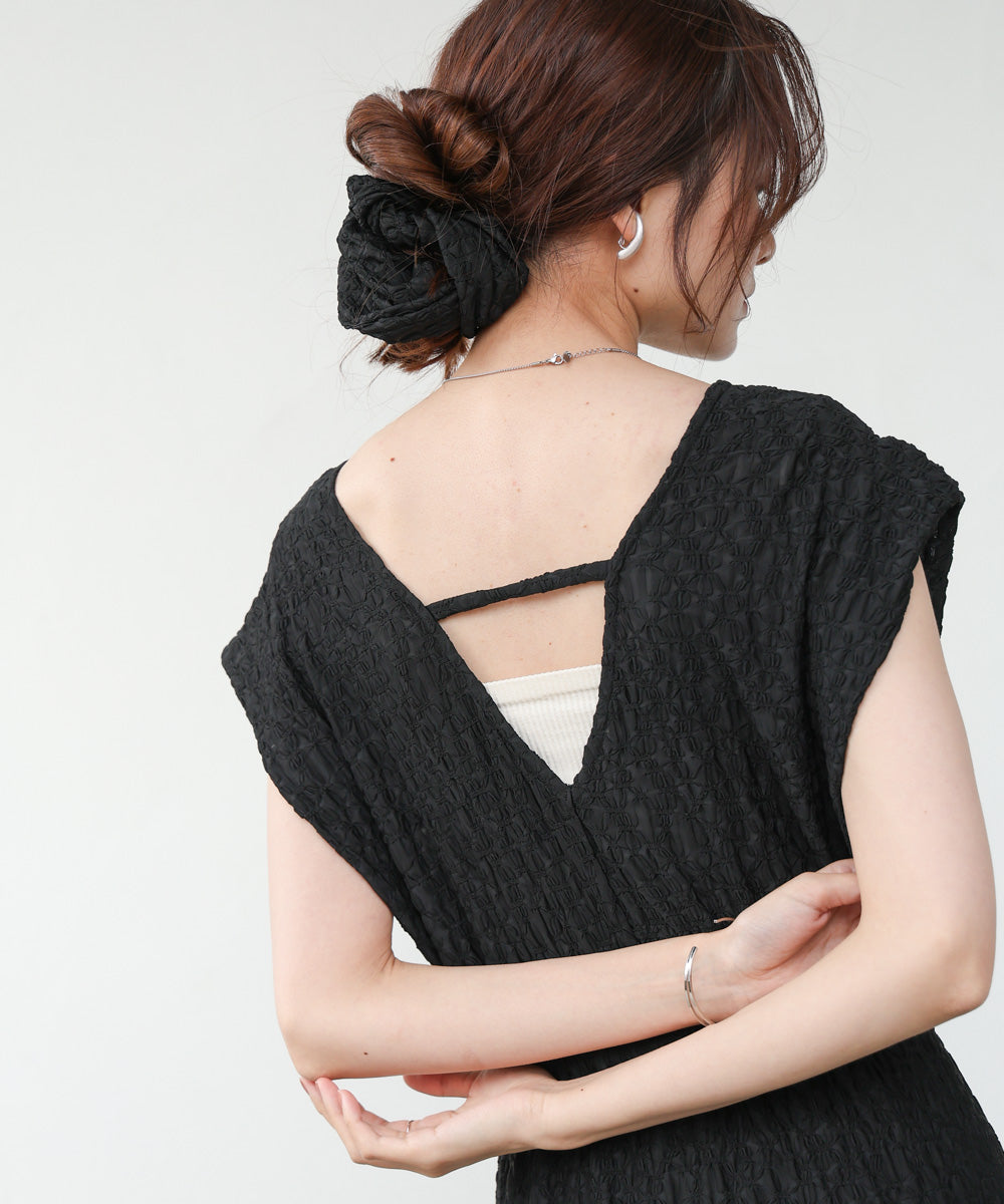 【選べる】【低身長向けサイズあり】前後2WAYウェーブ柄シュシュ付ワンピース・オールインワン