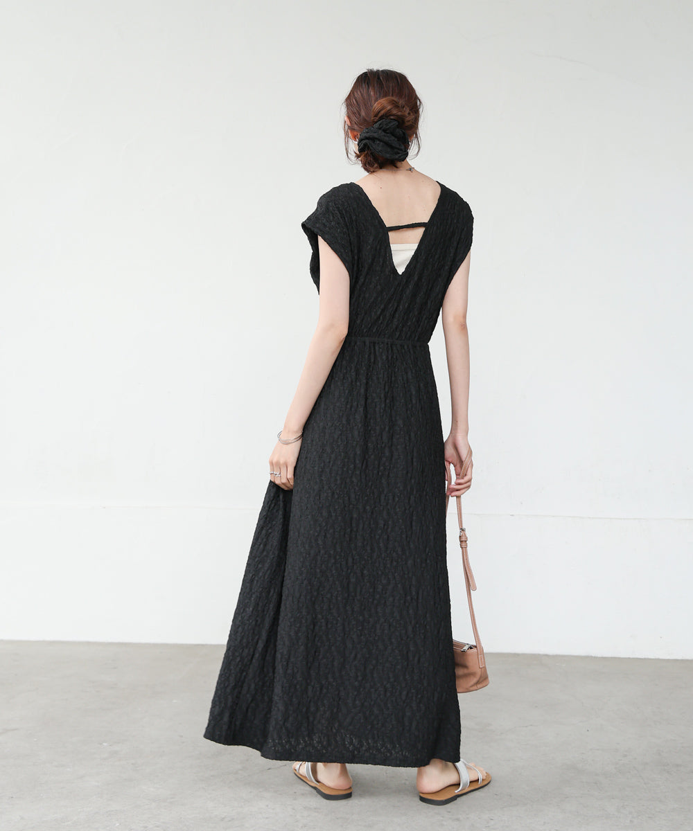 【選べる】【低身長向けサイズあり】前後2WAYウェーブ柄シュシュ付ワンピース・オールインワン