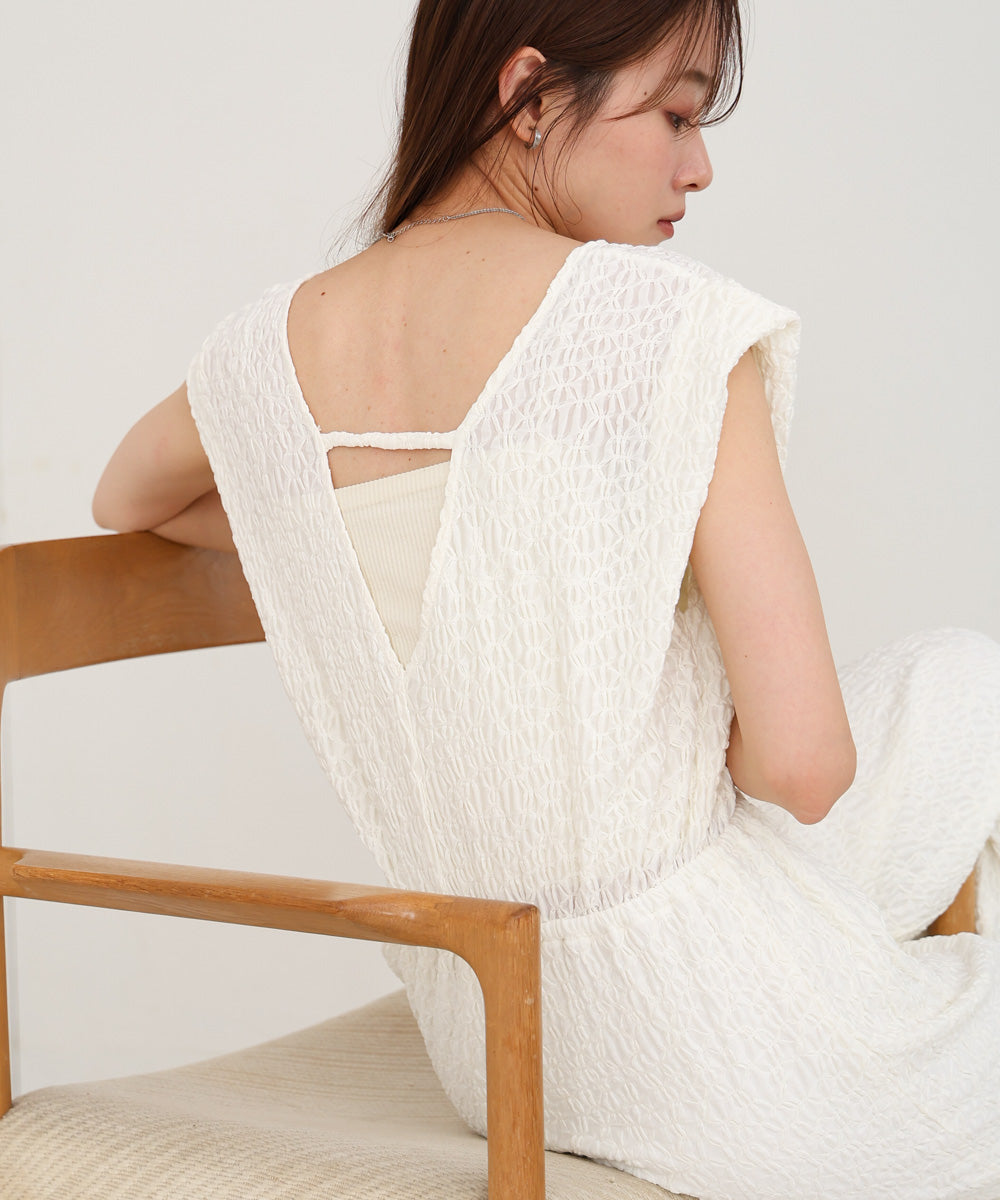 【選べる】【低身長向けサイズあり】前後2WAYウェーブ柄シュシュ付ワンピース・オールインワン