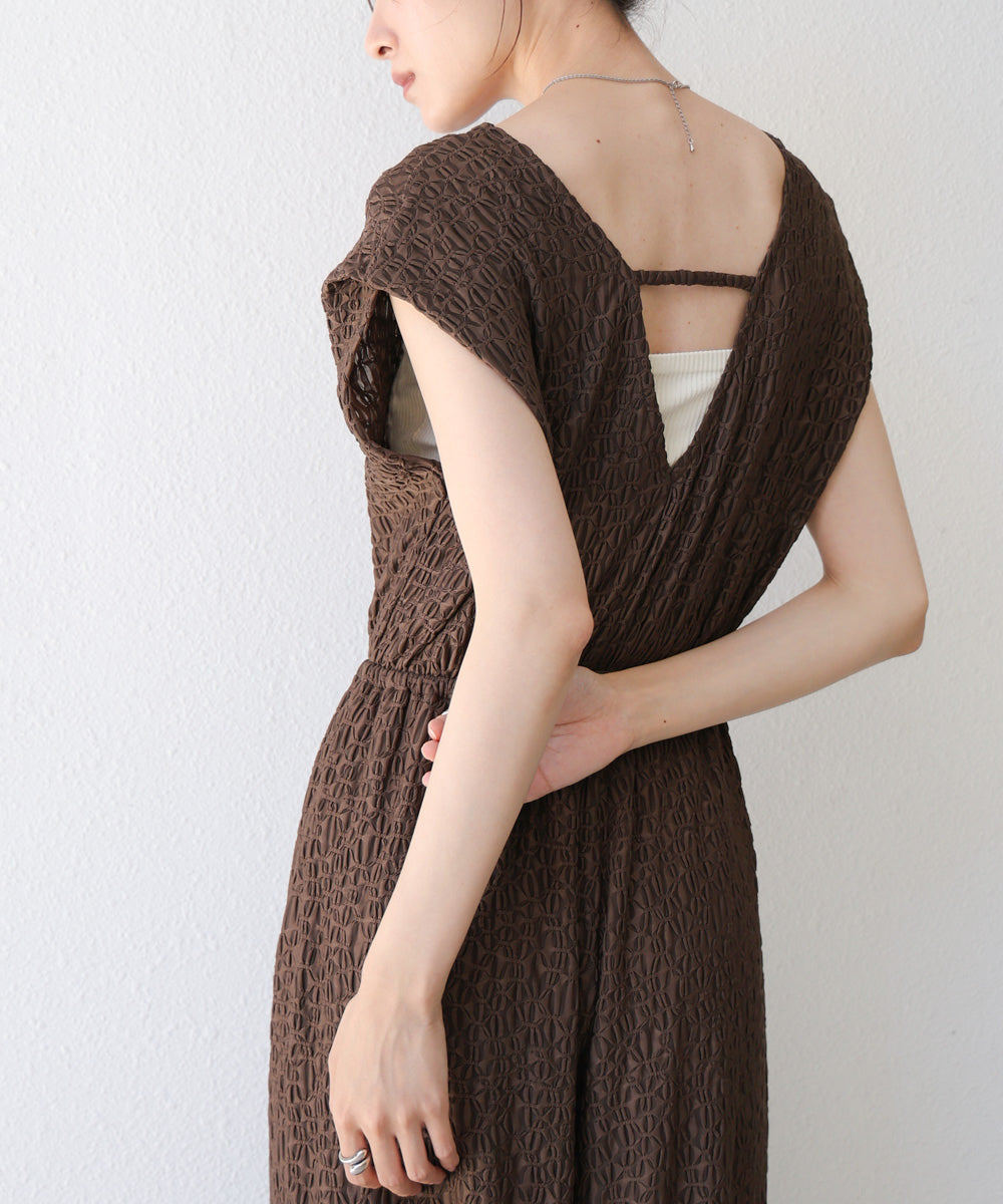 【選べる】【低身長向けサイズあり】前後2WAYウェーブ柄シュシュ付ワンピース・オールインワン