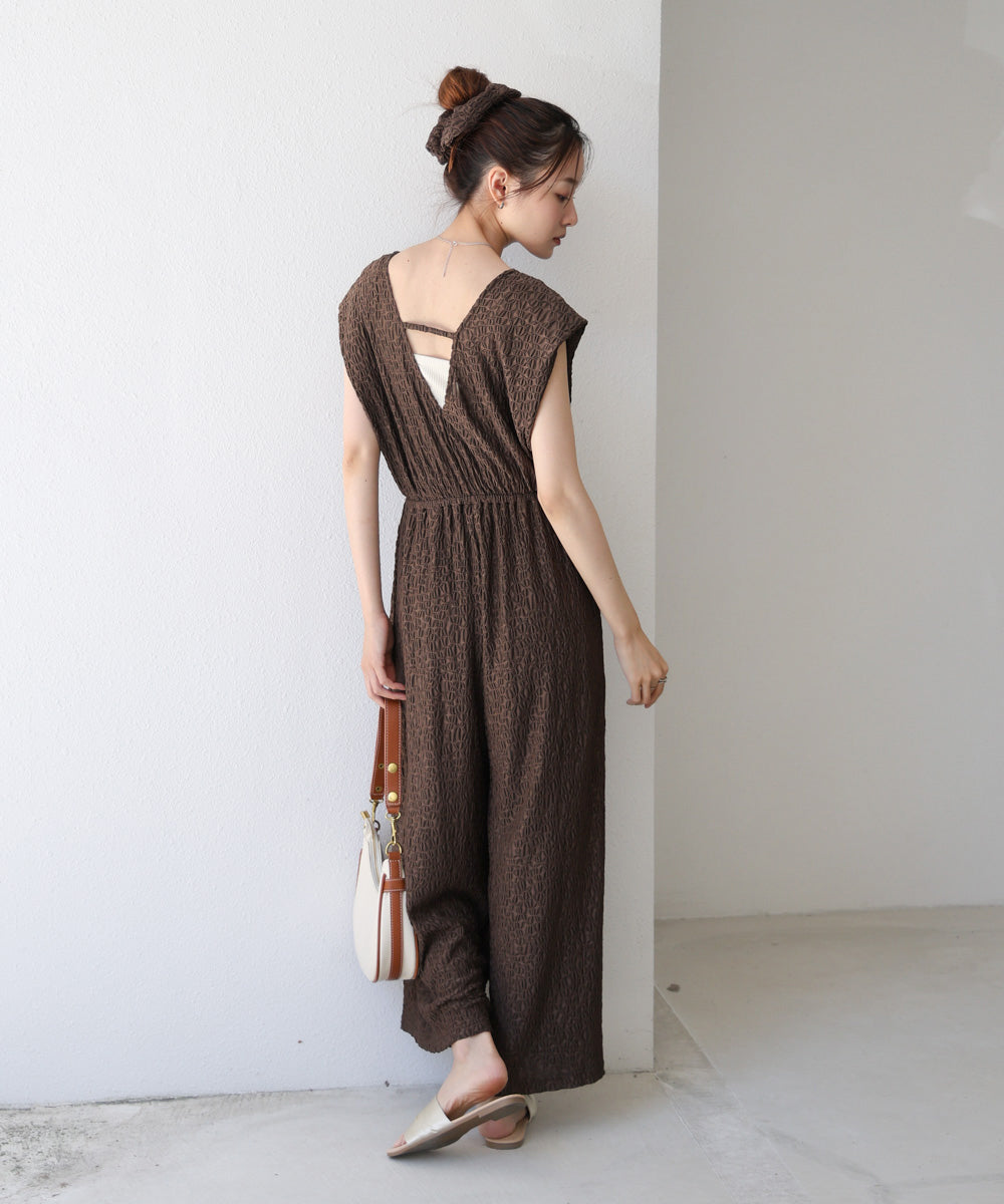 【選べる】【低身長向けサイズあり】前後2WAYウェーブ柄シュシュ付ワンピース・オールインワン