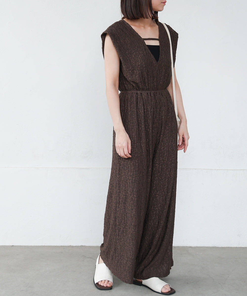 【選べる】【低身長向けサイズあり】前後2WAYウェーブ柄シュシュ付ワンピース・オールインワン