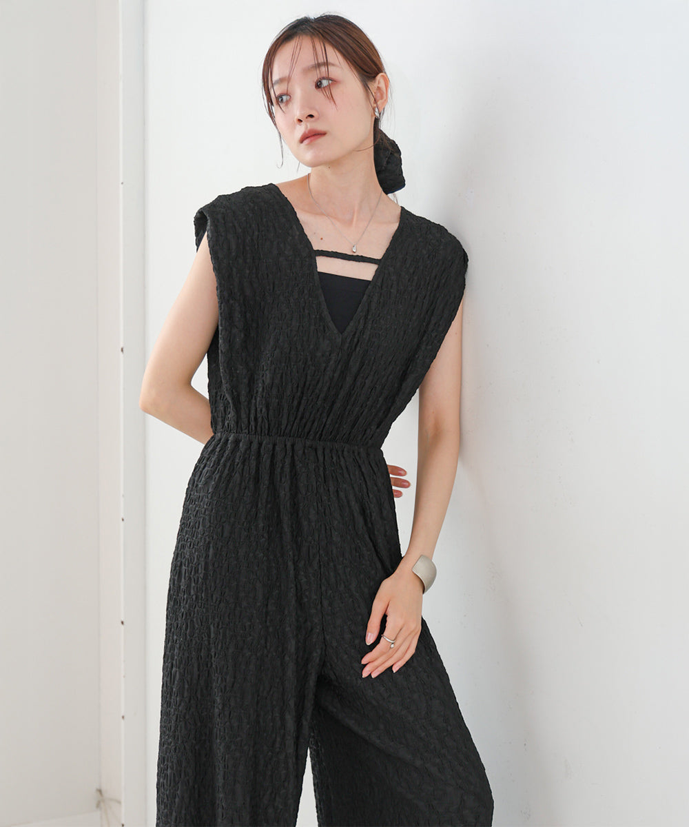 【選べる】【低身長向けサイズあり】前後2WAYウェーブ柄シュシュ付ワンピース・オールインワン