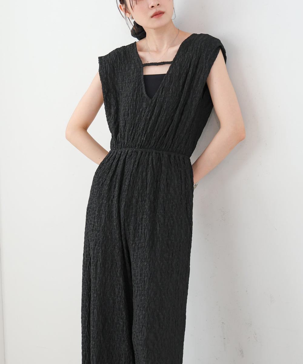 【選べる】【低身長向けサイズあり】前後2WAYウェーブ柄シュシュ付ワンピース・オールインワン