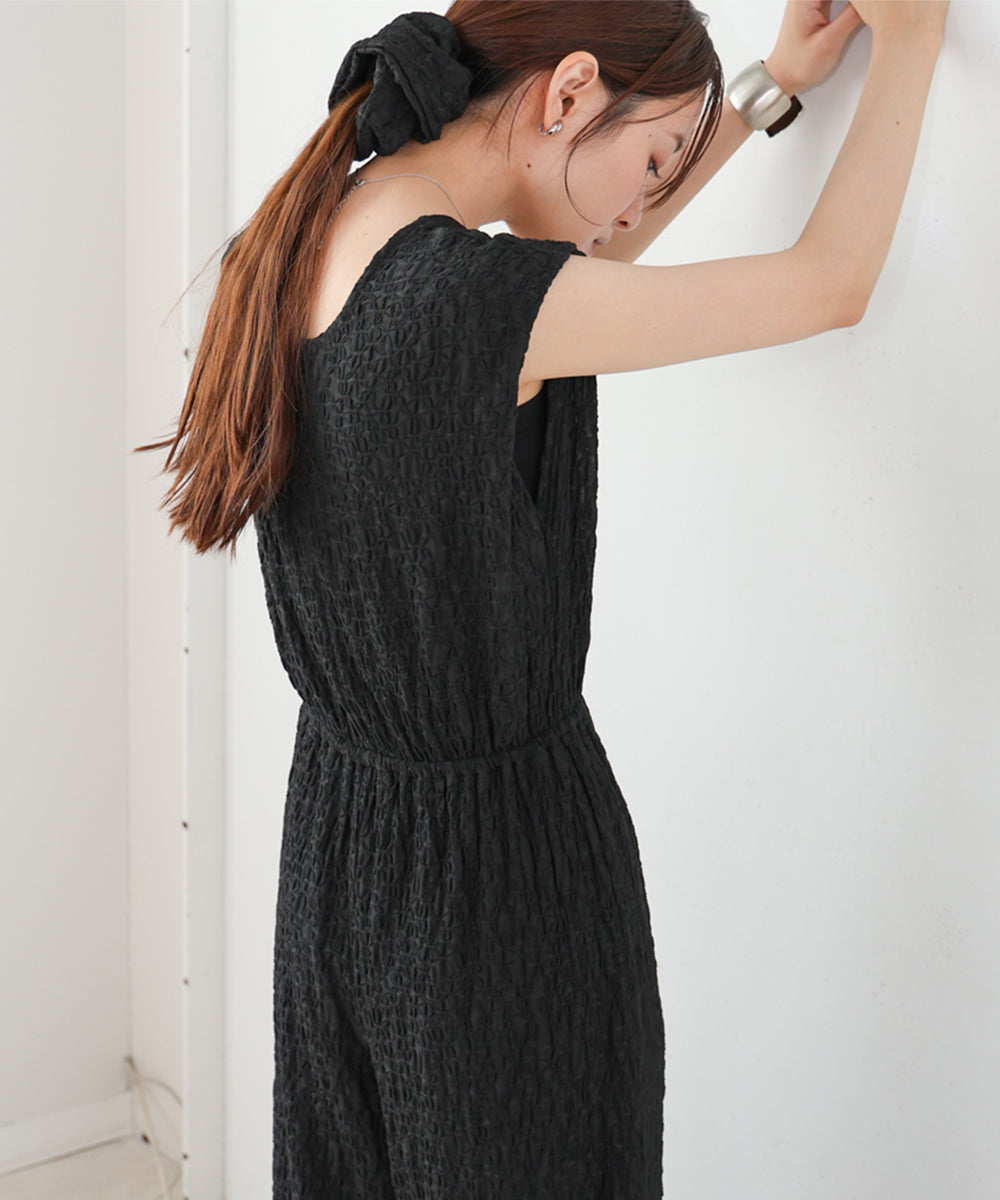 【選べる】【低身長向けサイズあり】前後2WAYウェーブ柄シュシュ付ワンピース・オールインワン