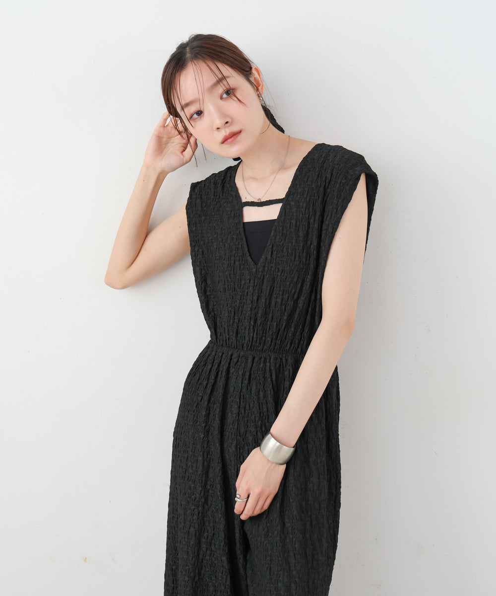 【選べる】【低身長向けサイズあり】前後2WAYウェーブ柄シュシュ付ワンピース・オールインワン