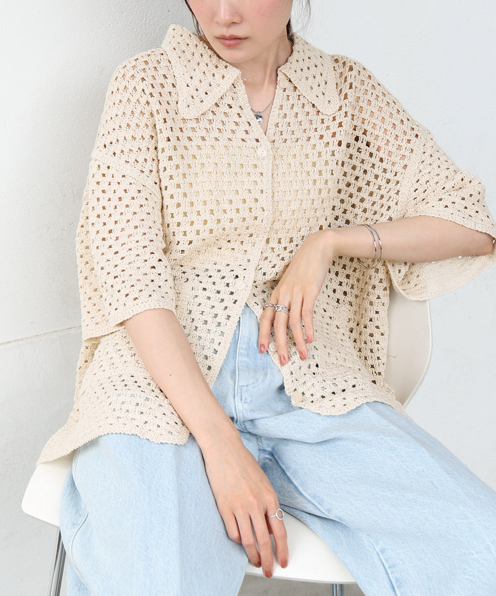 クロシェシャツカラー半袖トップス