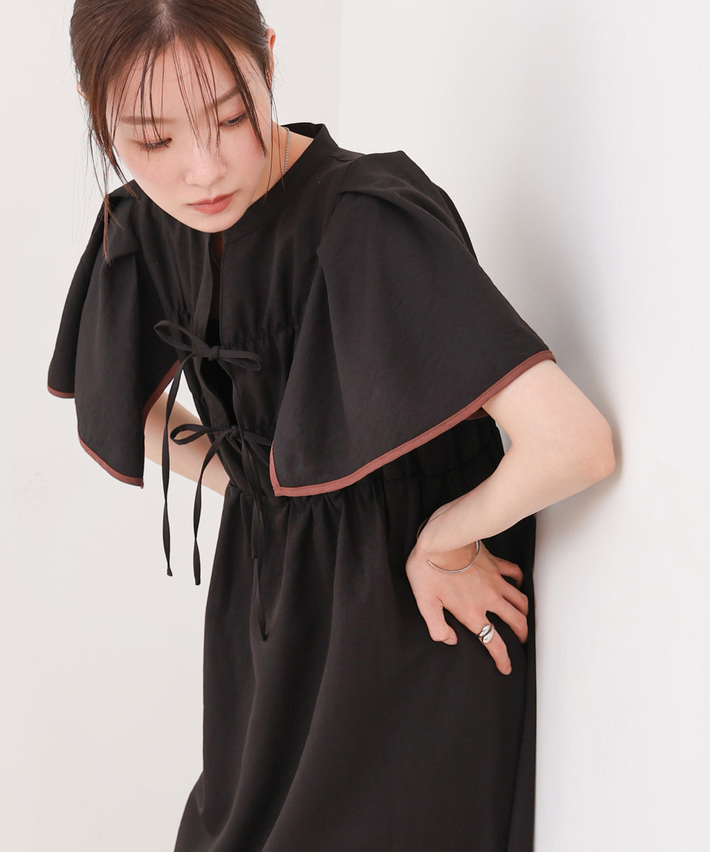 【S・Mサイズ展開】配色パイピングスクエアスリーブワンピース