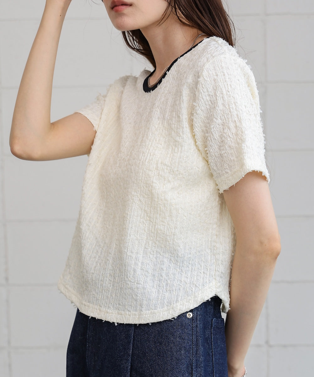 配色パイピングシャギーカットトップス