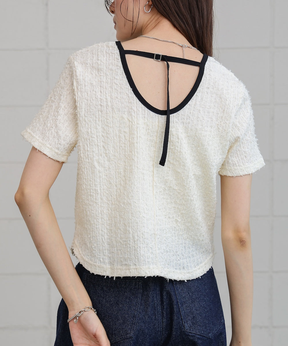 配色パイピングシャギーカットトップス