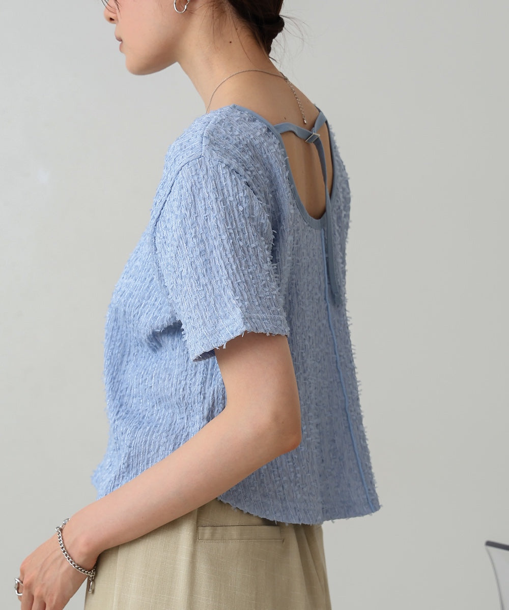 配色パイピングシャギーカットトップス