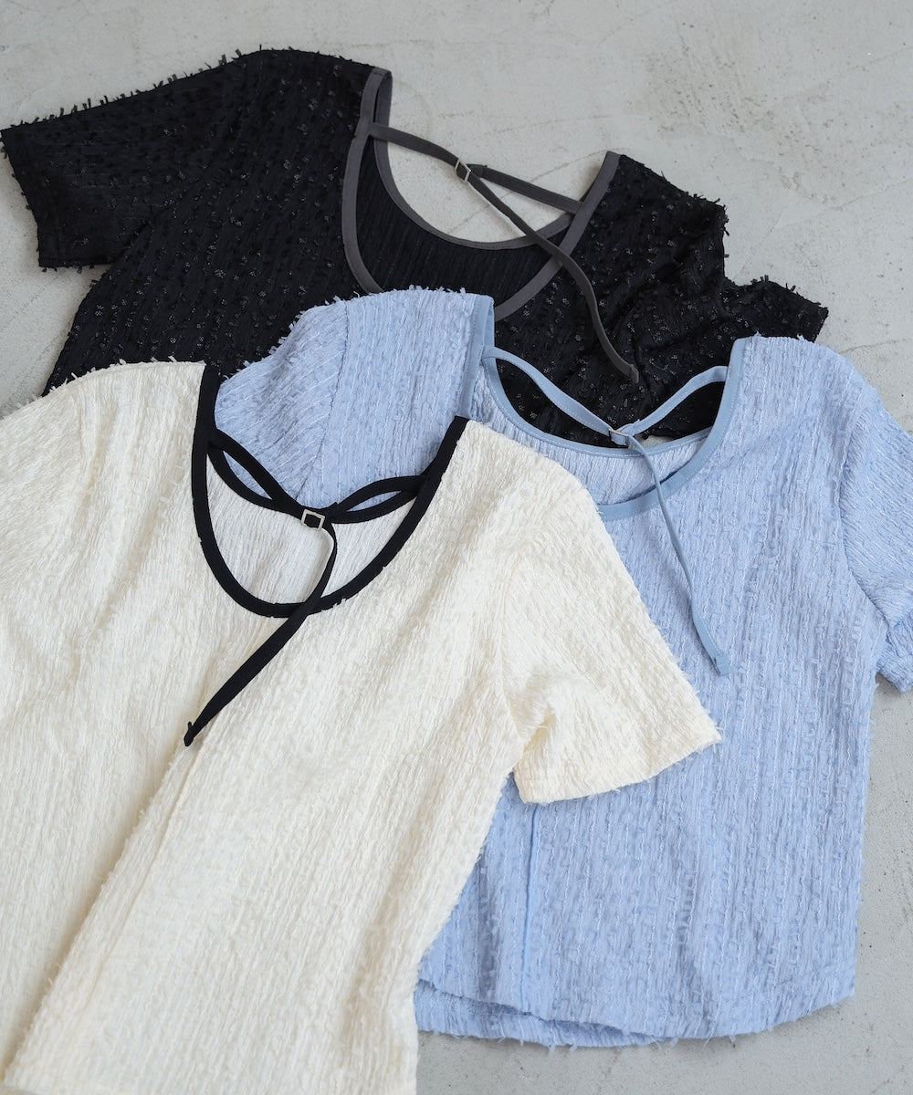 配色パイピングシャギーカットトップス