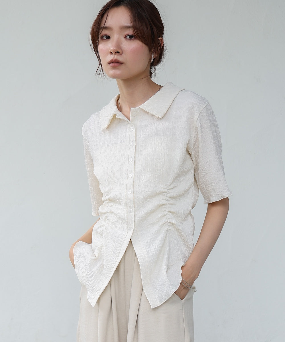 衿付き半袖ギャザーカットソー