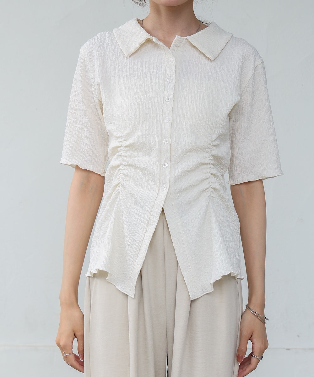 衿付き半袖ギャザーカットソー