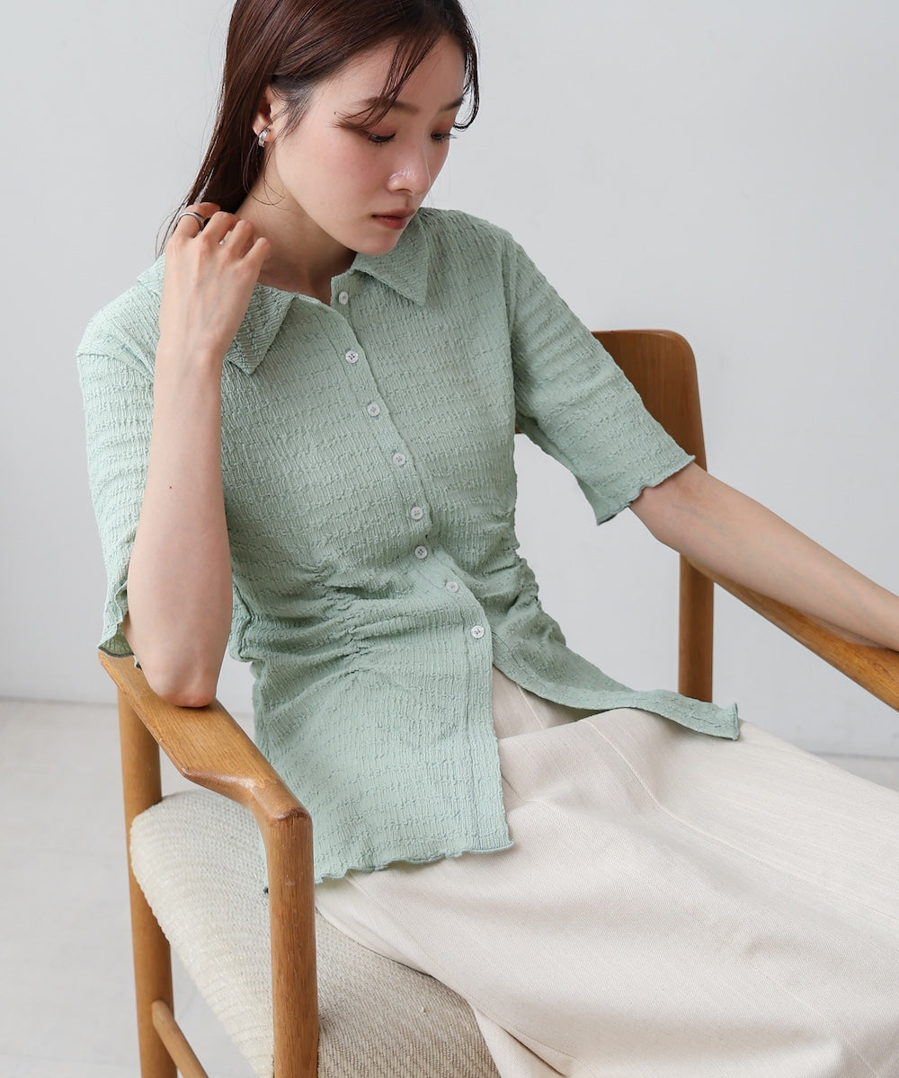 衿付き半袖ギャザーカットソー