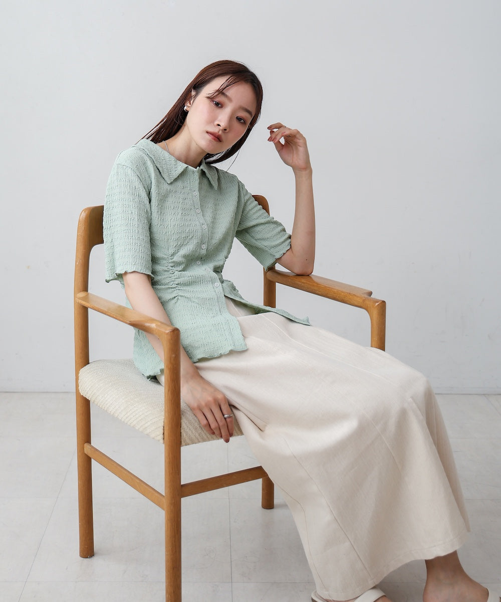 衿付き半袖ギャザーカットソー