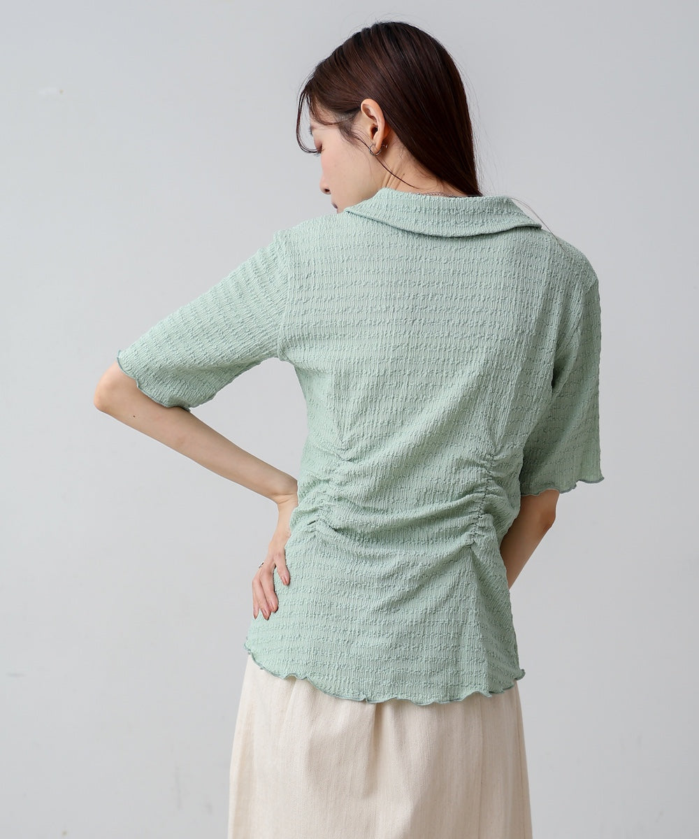 衿付き半袖ギャザーカットソー