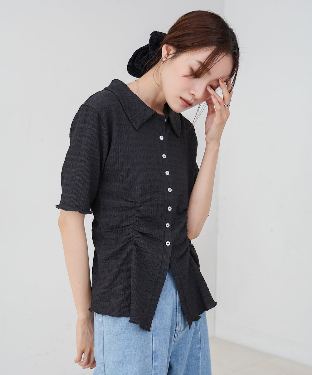 衿付き半袖ギャザーカットソー