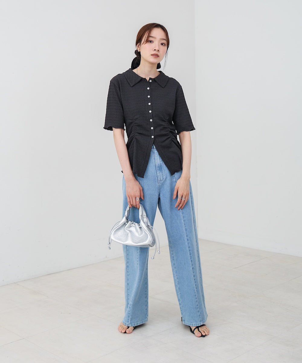 衿付き半袖ギャザーカットソー