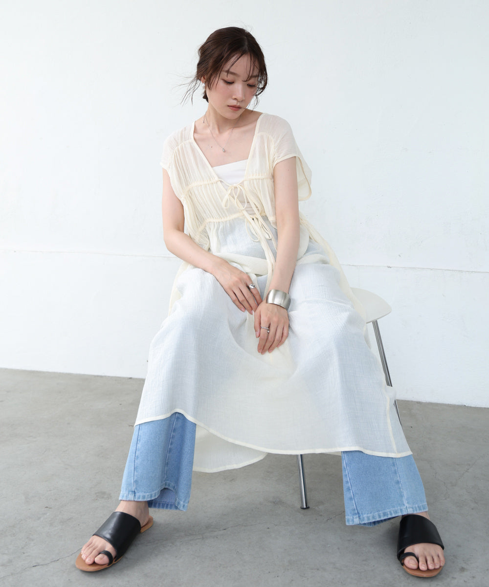 【S・Mサイズ展開】Vネックギャザーリボンワンピース